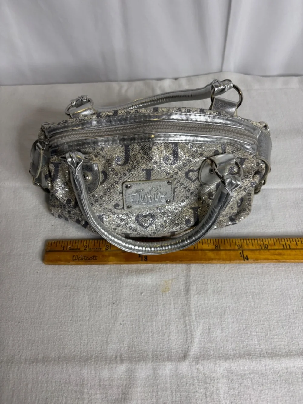 VTG Justice Girls Signature Glitter Satchel Handbag Silver Tone Metallic Bag Y2K